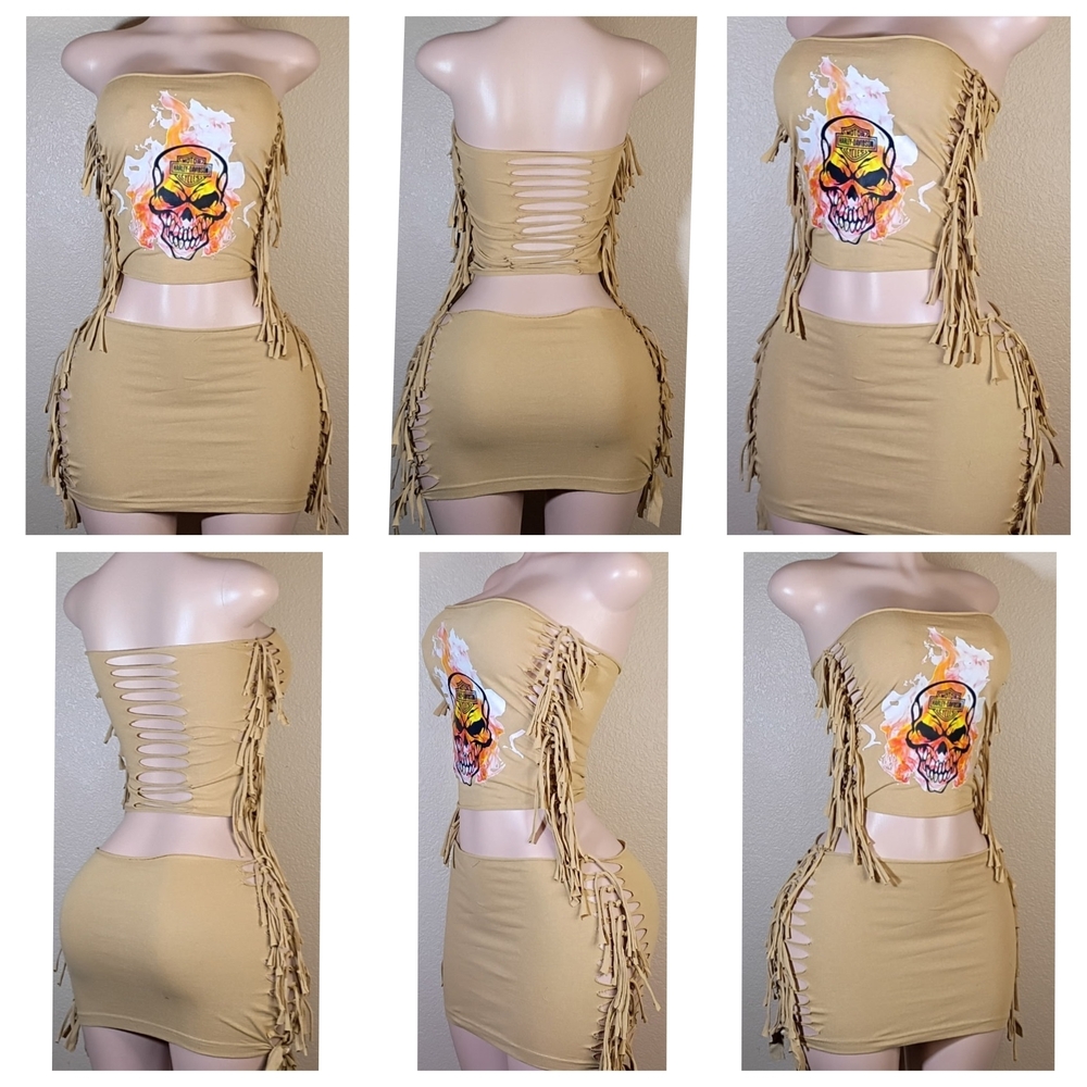 Harley-Davidson Beige Fringe Mini Skirt Set with Multicolor Skull